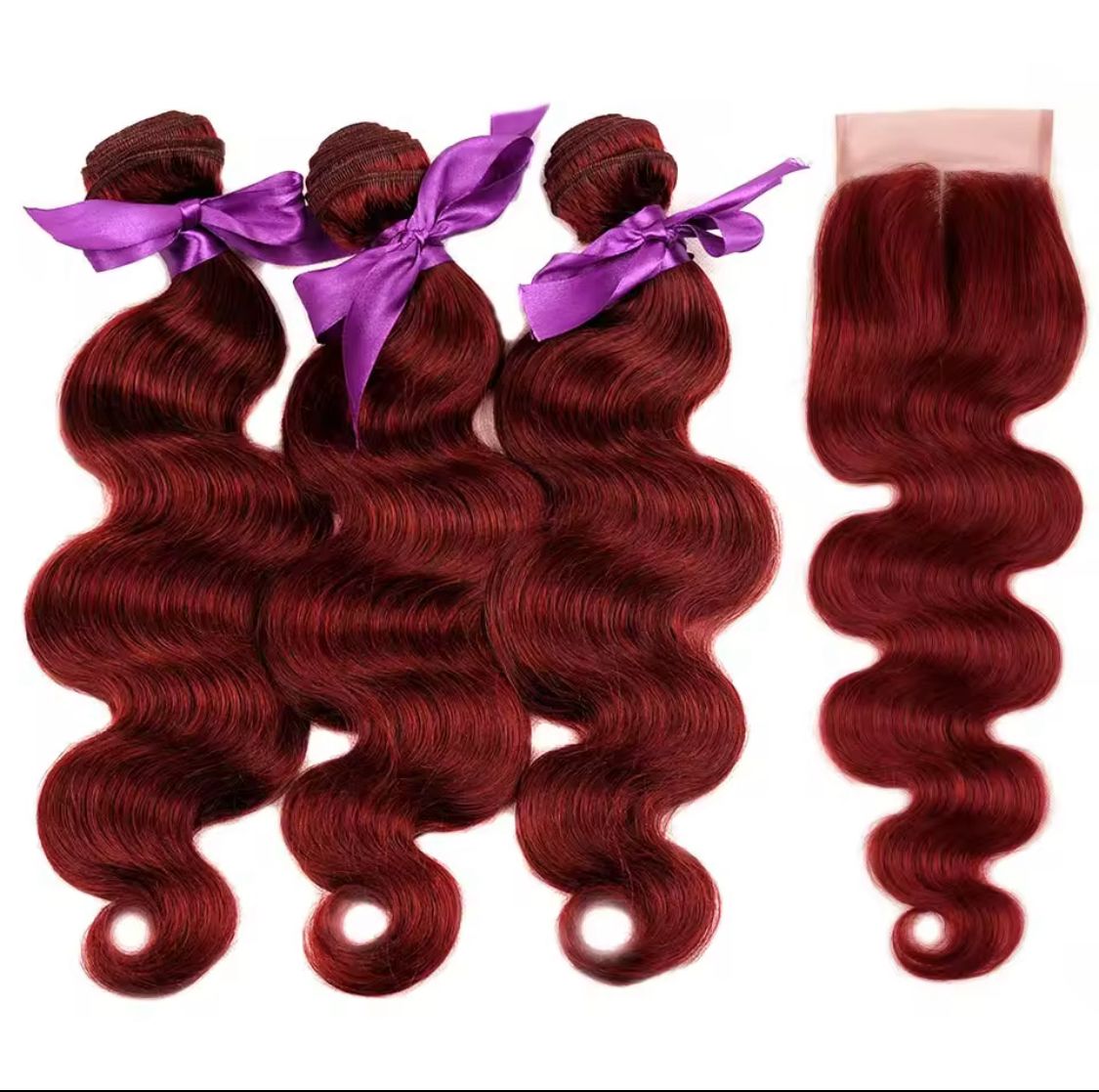 Extensiones de Cabello Ondulado Natural con Cierre 4x4 - Color Rojo 99J - 26 Pulgadas