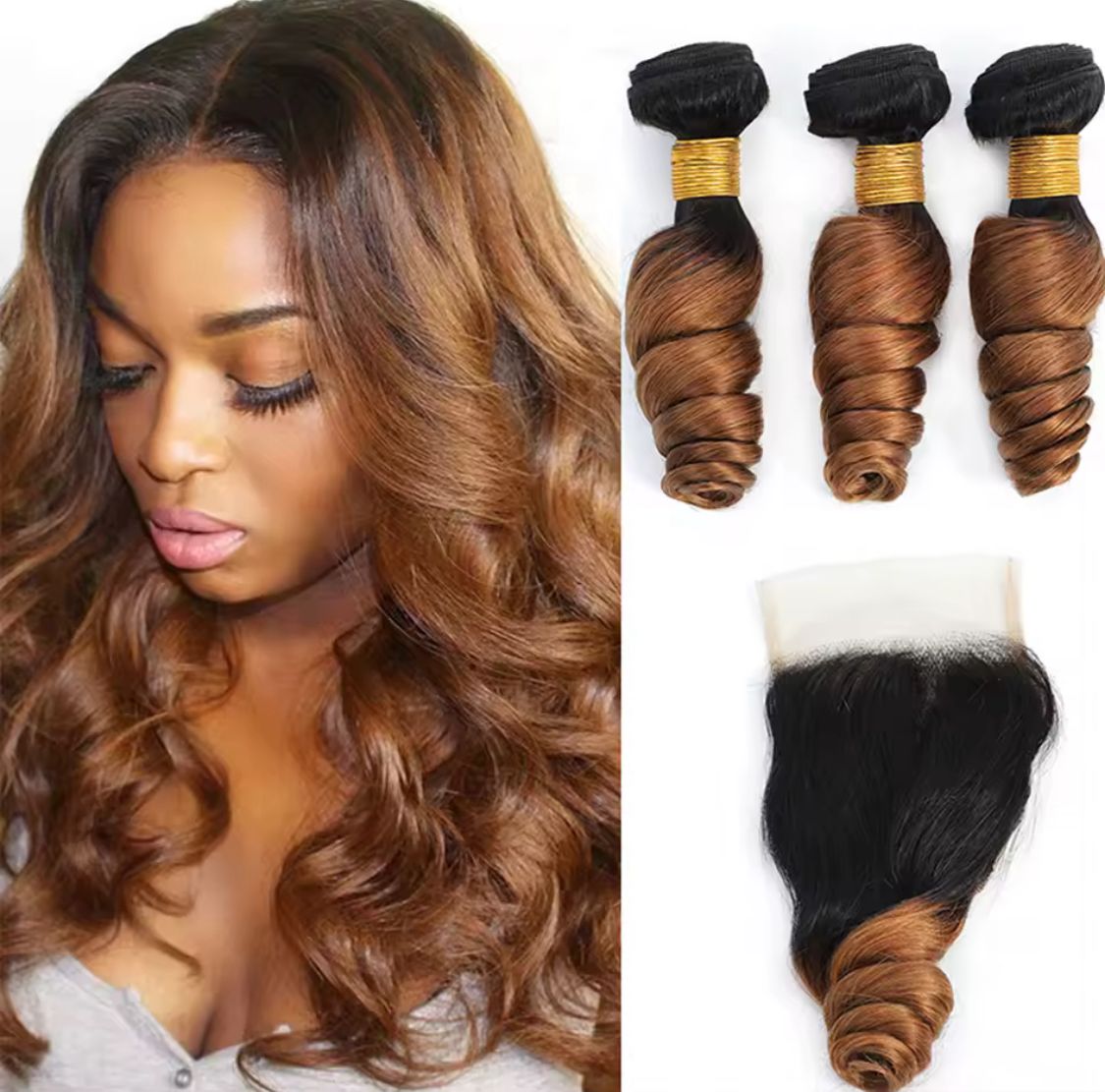 Extensiones de Cabello Ondulado Natural con Lace Frontal HD 4x4 - Degradado Ombré Natural a Rubio - 24 Pulgadas