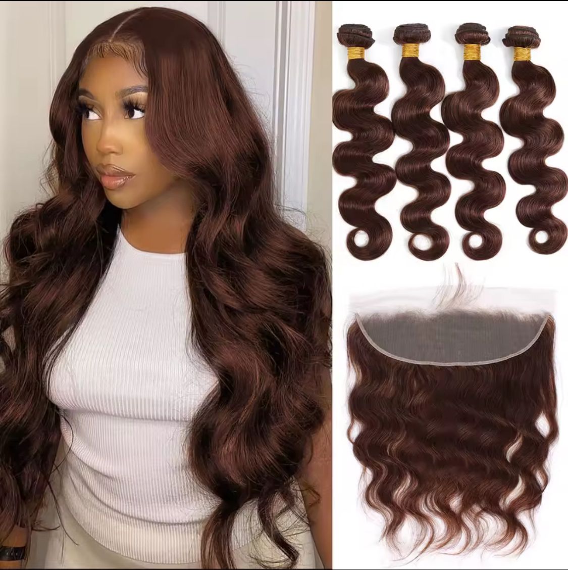 Extensiones de Cabello Ondulado Natural con Lace Frontal 13x4 - Color Marrón Chocolate - 24 Pulgadas