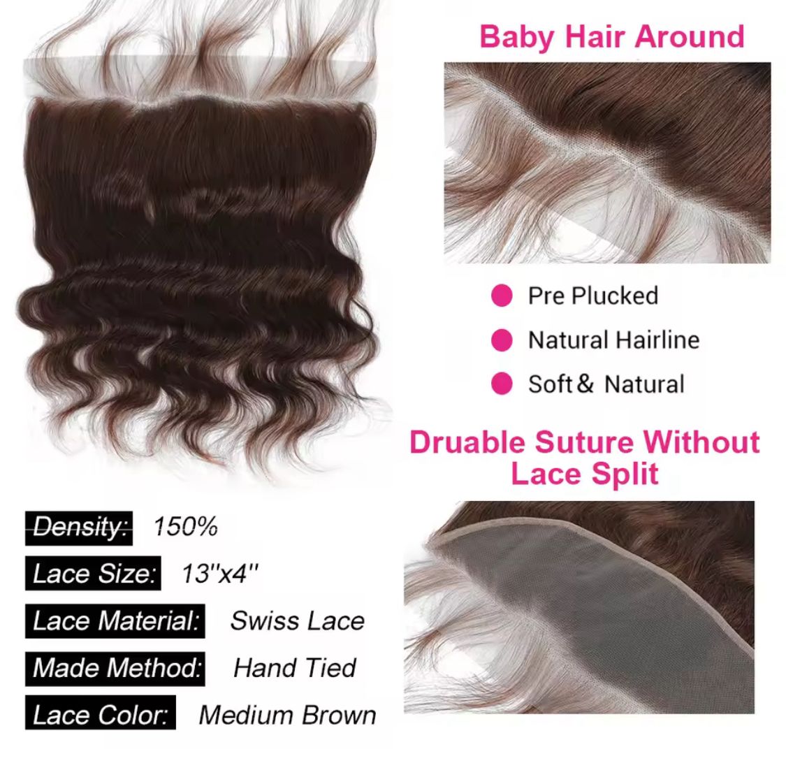 Extensiones de Cabello Ondulado Natural con Lace Frontal 13x4 - Color Marrón Chocolate - 24 Pulgadas - Imagen 3