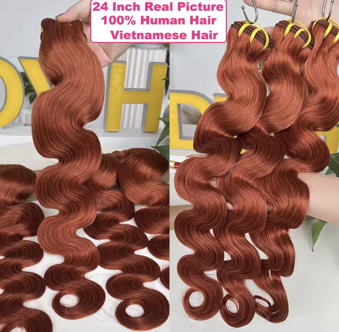 # 350 mechones de cabello humano virgen vietnamita color naranja jengibre, ondulado, 100% natural, extensiones de cabello vietnamita para mujeres, 3 paquetes - Imagen 5