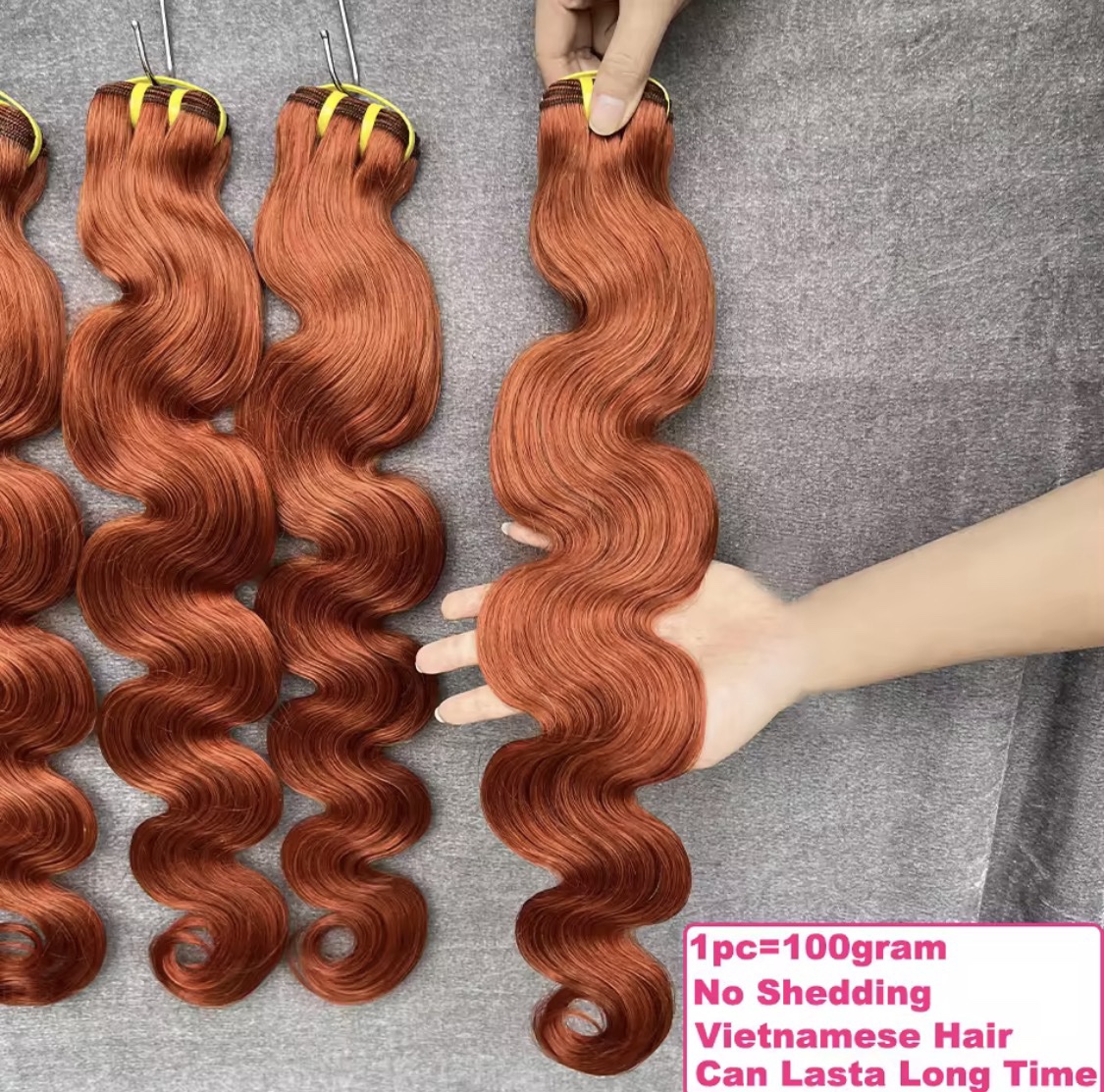 # 350 mechones de cabello humano virgen vietnamita color naranja jengibre, ondulado, 100% natural, extensiones de cabello vietnamita para mujeres, 3 paquetes - Imagen 4