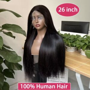 Byleivys Peluca de Cabello Humano Virgen Liso Natural con Encaje Frontal HD 13x4 Pre-Arrancado, Pelucas Negras Vietnamitas con Encaje Frontal 13x4 para Mujer